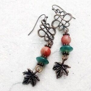 Stacked Beads + Copper Filigree + Maple Leaf Earrings - Unique Autumn Earrings